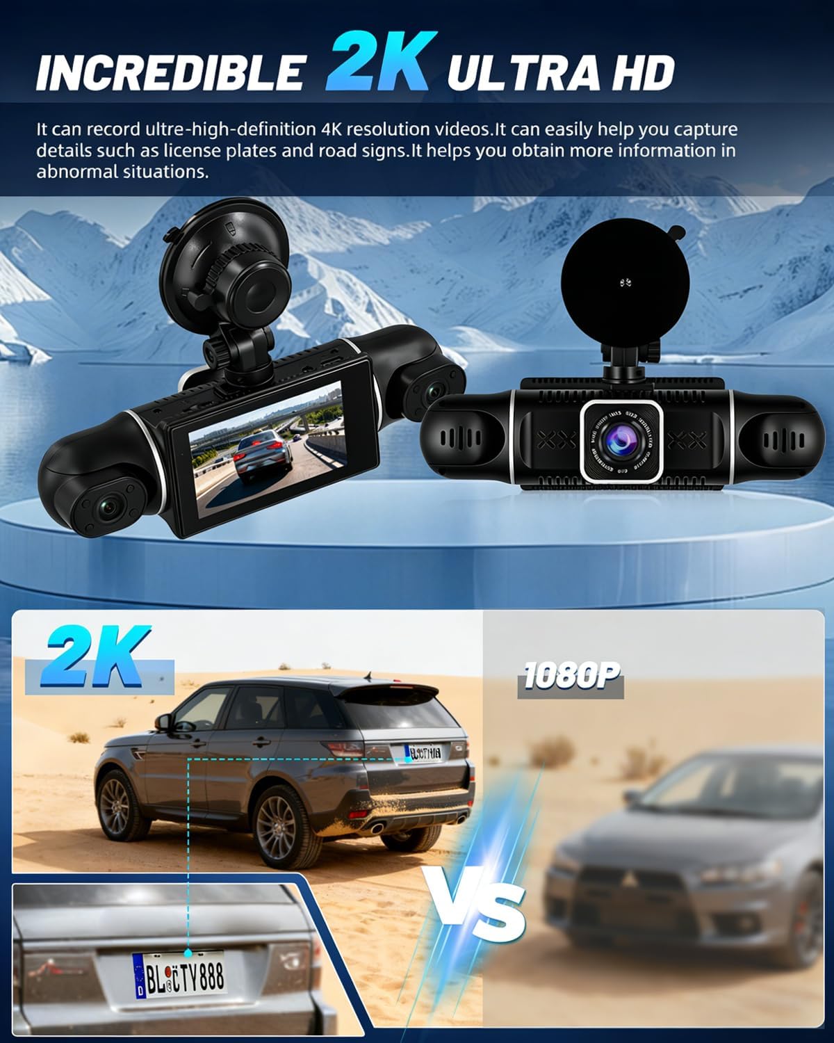 NHOPEEW 3 inch WiFi 2K Dashcam Auto DVR 4-kanaals 360° camera binnen links/rechts + achter 1080p nachtzicht, G-sensor, loop-opname