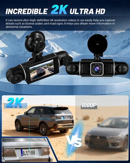 NHOPEEW 3 inch WiFi 2K Dashcam Auto DVR 4-kanaals 360° camera binnen links/rechts + achter 1080p nachtzicht, G-sensor, loop-opname