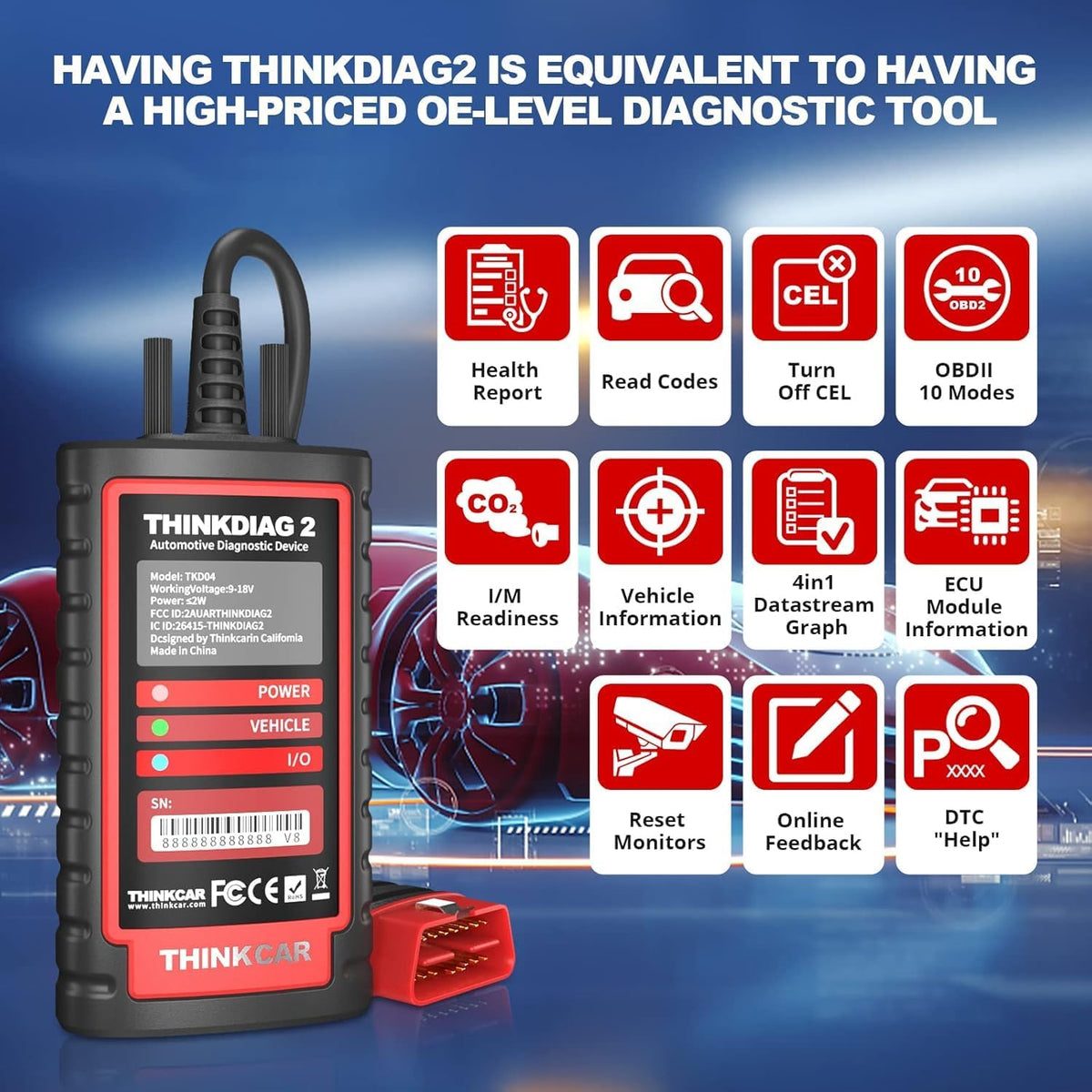 thinkcar ThinkDiag 2 OBD2 diagnosekoffer, Franse diagnosefuncties met 15 resets voor complete systemen, OBD2-autodiagnose, Bluetooth 5.0 ondersteuning CAN-FD-protocol