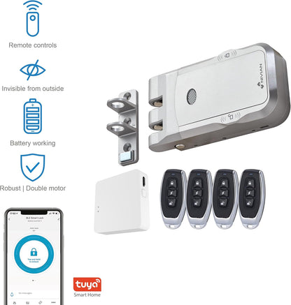 Nivian NVS-SMARTBOLT Intelligent onzichtbaar slot, elektronisch wifi-slot met mobiele app en afstandsbedieningen, dubbele motor, vandaalbeveiliging, opening van binnen en buiten (met app)