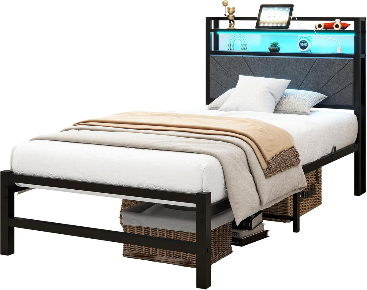 Gestoffeerd bed, 90 x 200 cm, metalen bed, eenpersoonsbed, bedframe met led en laadstation, bedframe met opbergruimte, tienerbed, logeerbed, bedframe met hoofdeinde, donkergrijs