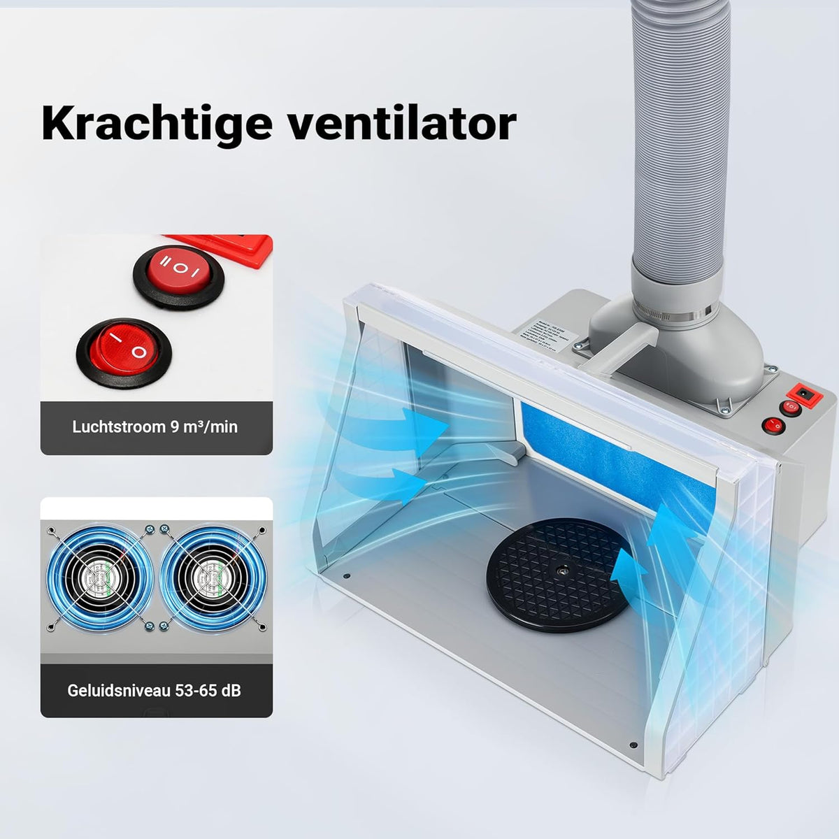 Wiltec airbrush-afzuigsysteem 9m³/min met LED-verlichting, tweetraps schakelaar en dubbele ventilator