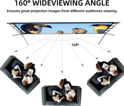 Projectorscherm met standaard, 150 inch filmprojectiescherm voor binnen en buiten, 4K HD 16: 9 kreukvrij ontwerp voor filmavond in de achtertuin (gemakkelijk schoon te maken, 1,1 versterking, 160 °