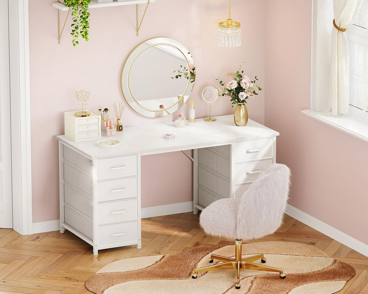 Coleshome Bureau met 8 Stoffen Laden, 120 x 48 cm, Wit Bureau met Opbergruimte, Computerbureau, Kantoortafel, Kantoortafel voor Kantoor, Woonkamer, Thuiskantoor