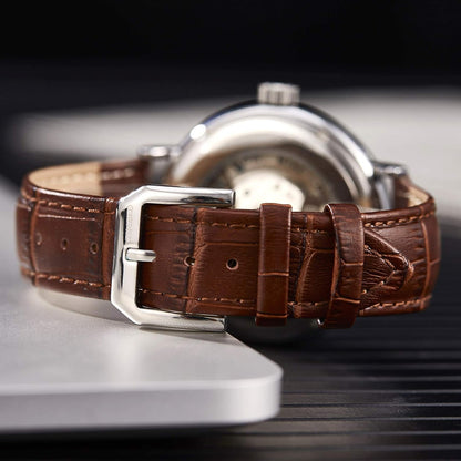 TIME100 Heren automatisch horloge Navigator-serie Tourbillon-stijl dubbele tijdzone zakelijke kalender mechanisch horloge lederen band