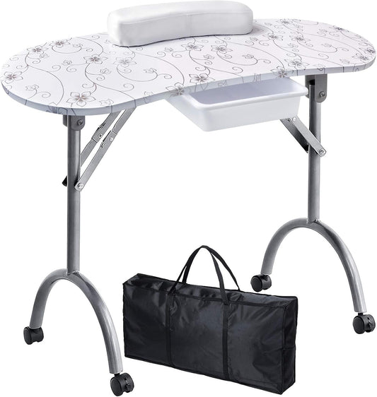 Kalolary manicure nageltafel, draagbaar opvouwbaar stationbureau Nagelkunst schoonheidstechnicus bureau met rollende wielen, draagtas, lade, spons (wit)
