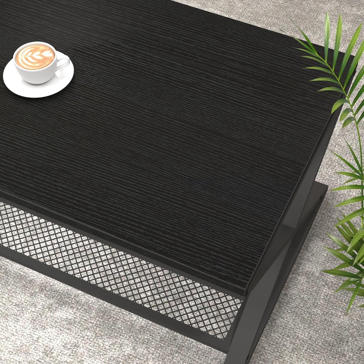 LVB Zwarte salontafel, metalen houten middentafels met 2 niveaus met opbergplank, moderne rechthoekige cocktailtheetafel voor woonkamer, houten middelste betonnen tafel voor kantoorslaapkamer, 99 cm,