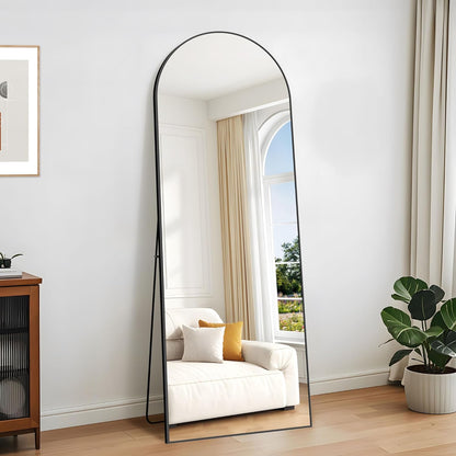 KOCUUY Bogen Staande spiegel, 179 x 65 cm, grote gebogen full-body spiegel, grote wandspiegel met zwart aluminium frame, hangend, staand, kantelbaar, voor woonkamer, slaapkamer en hal