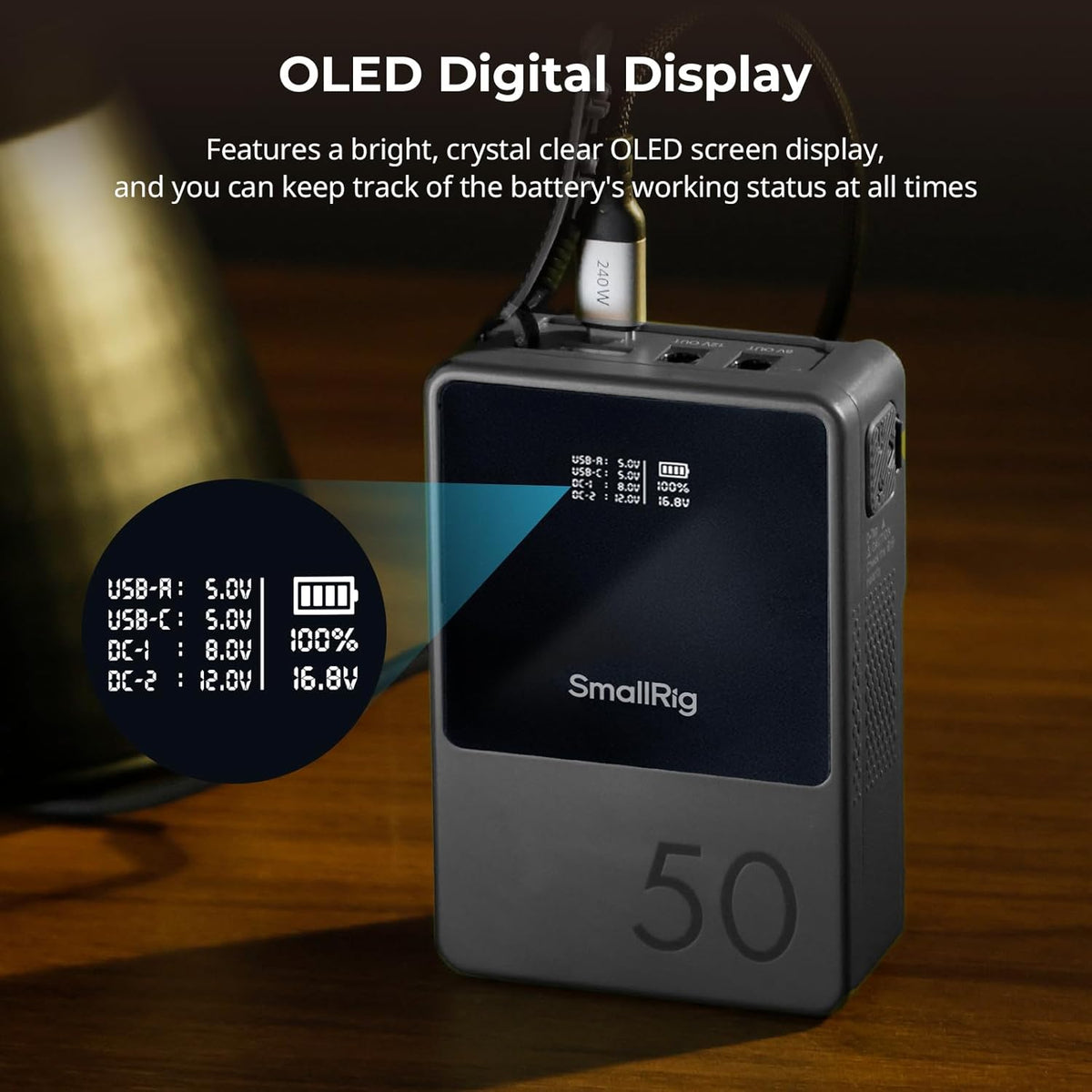 SMALLRIG V Mount Battery VB50, 50Wh / 3400mAh V-Mount Battery with PD 45W USB-C Fast Charging, with D-TAP, USB-A, Dual DC Ports, OLED Screen, for DSLR Camera, Camcorder, Monitor, Phone, Black - 3579B