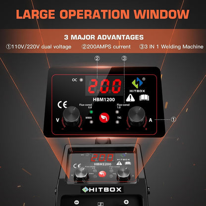 HITBOX 200A Gasloze MIG Lasser, 3-in-1 Flux Core Lasser MIG/ARC/Lift TIG, Draagbare 230V IGBT Inverter Lasmachine met Laskap & 0,8mm Draad, Perfect voor Beginners (HBM1200)