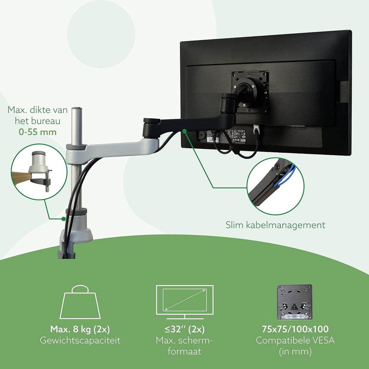 R-Go Tools Zepher 4 C2 Twin monitor arm, Dubbele VESA-monitorstandaard in Alunimium, Bureaubevestiging, Verstelbaar, 0-8 kg Draagvermogen, 100% Circulair, Mat zilver, Dubbele beugel