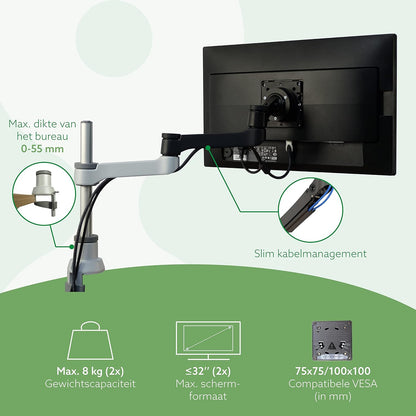 R-Go Tools Zepher 4 C2 Twin monitor arm, Dubbele VESA-monitorstandaard in Alunimium, Bureaubevestiging, Verstelbaar, 0-8 kg Draagvermogen, 100% Circulair, Mat zilver, Dubbele beugel