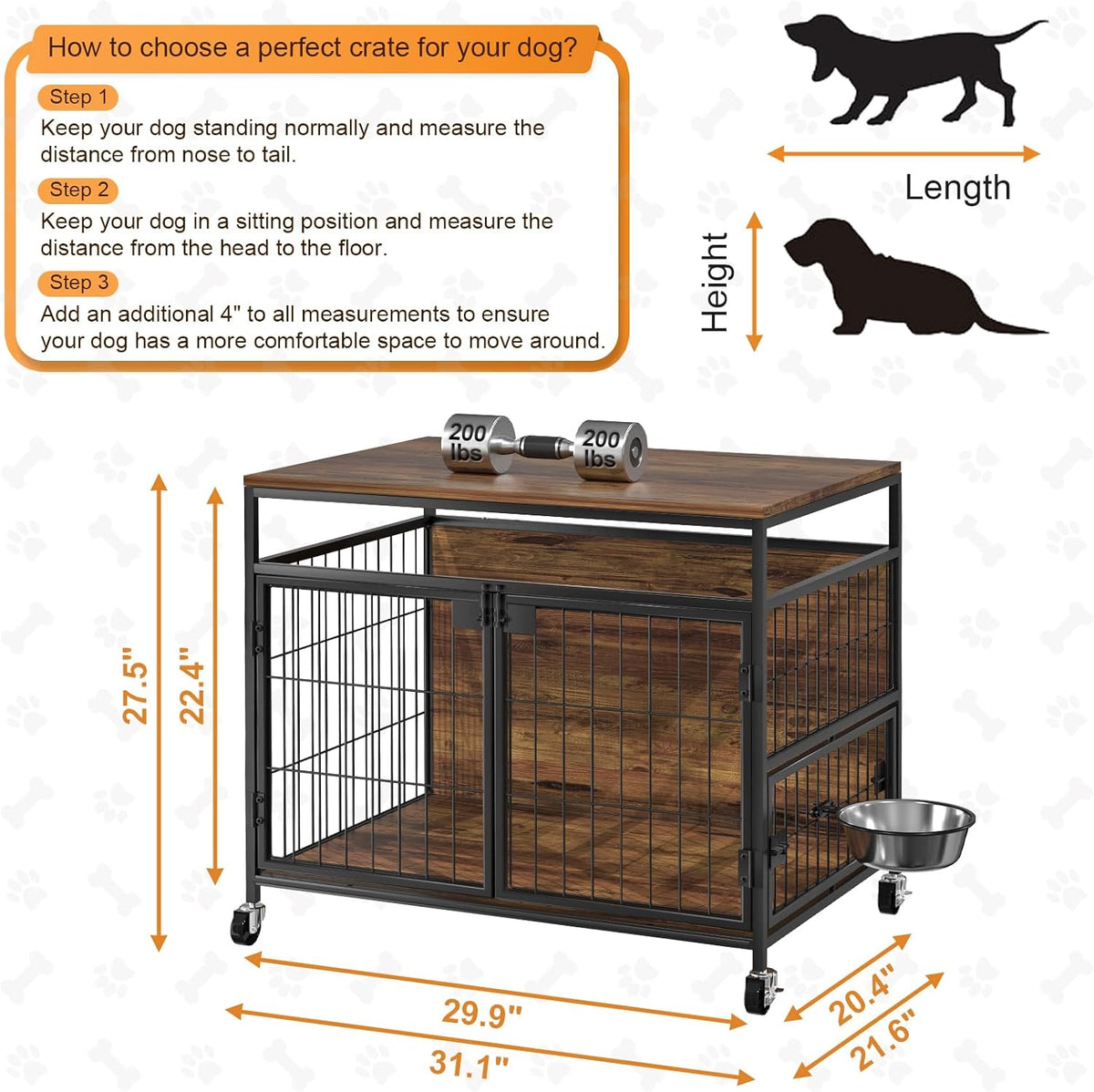 Hondenkooi met wielen, robuuste bijzettafel van hout, hondenbox voor binnen voor kleine, middelgrote honden, dubbele deuren en 360 graden draaibare roestvrijstalen bak, 78,9 cm l x 54,8 x 69,8 H