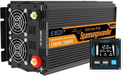 EDECOA Auto Omvormer 12V naar 230V Zuivere Sinus 1500W RV Spanningsomvormer 12 V 230 V 3000W Piek met LCD Afstandsbediening, EU Stopcontacten