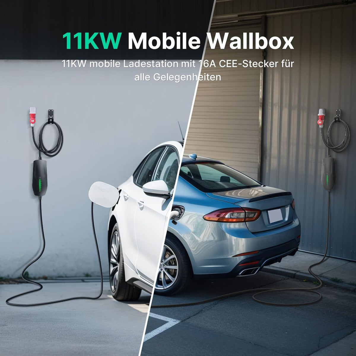 Type 2 Mobile Wallbox 11 KW met 16 A CEE-stekker, [3-fasig | 6A -16A | 6m laadkabel ] draagbare EV oplader, IP66 waterdicht mobiel laadstation voor EV PHEV draagbare tassen