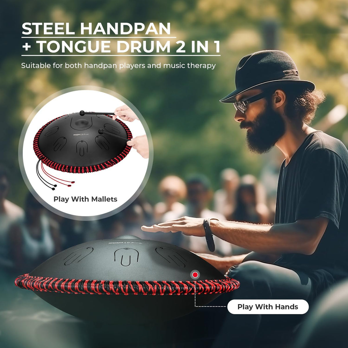 MOOZICA Tongtrommel, 35,5 cm, 17 noten in D-Moll, stalen handpan, tongtrommel met octaaf-boventoon-design, slaginstrument met draagtas (D Kurd, zwart)