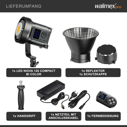 Walimex pro Niova Compact Bi Color dimbare LED-videolamp met Bowens-reflector, studiolicht met COB LED-technologie, 3000-6500 K, CRI=95+, lichtsterkte verstelbaar van 10-100%, 120W