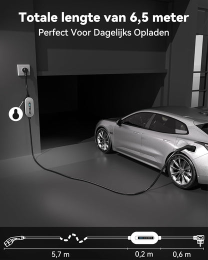 Type 2 Laadkabel Schuko (3,68 kW, 6,5 m, 16A, 1-Fase) | Thuislader EV Lader met LED, Mobiele Laadpaal voor Elektrische & Hybride Auto's (Model Y/3/X/S, EX30, NIRO, XC40 en andere EV/PHEV)