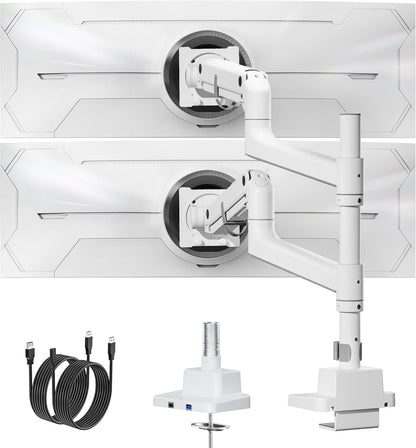 monTEK Dubbele Ultrawide Monitorarm voor 17-57 Inch Schermen tot 27 kg, Aluminium Zware Gasveer Verticale Stapelbare Gebogen Scherm Verstelbare Monitorstandaard, 75/100mm Vesa-bevestiging, Wit