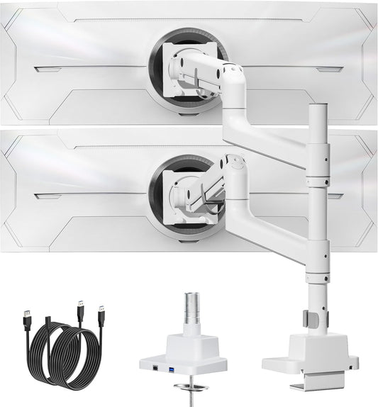 monTEK Dubbele Ultrawide Monitorarm voor 17-57 Inch Schermen tot 27 kg, Aluminium Zware Gasveer Verticale Stapelbare Gebogen Scherm Verstelbare Monitorstandaard, 75/100mm Vesa-bevestiging, Wit