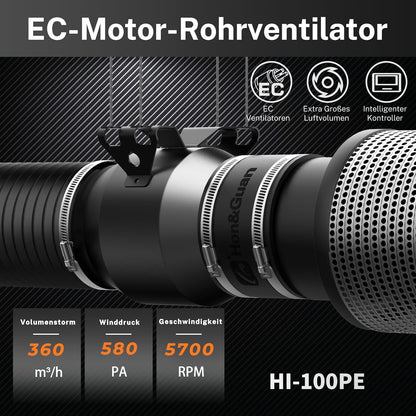Hon&Guan Afvoerluchtset 100 mm, buisventilator 100 mm met temperatuur- en vochtigheidsregelaar, actieve koolfilter, groei, rubberen koppeling, slangklemmen, set voor kweektent, hydrocultuur