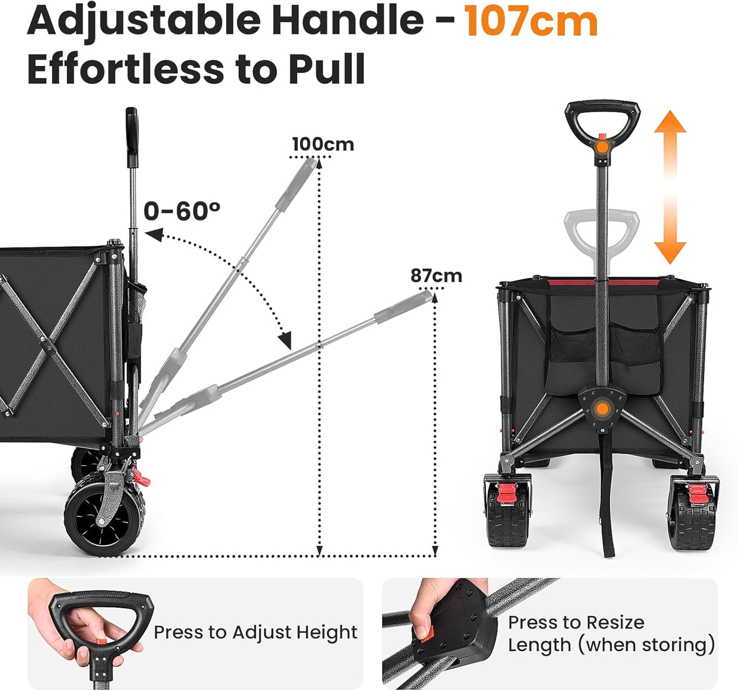 YEAUPE PRO Bolderkar, opvouwbaar, 170 liter, 120 kg, opvouwbare bolderkar met parkeerrem, 4-weg opvouwbaar, in hoogte verstelbaar, voor camping, strandwagen, tuin, winkelen, zwart
