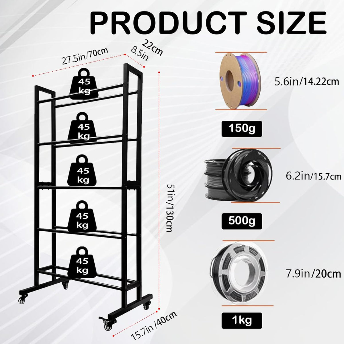 Filamenthouder 3D-printer – Filamentrek – Spoelhouder – Opbergrek – Filament Organizer – 5 Niveaus Metalen Rek – Draagvermogen 45 kg Per Niveau – Voor 40 Spoelen Tot 1 Kg