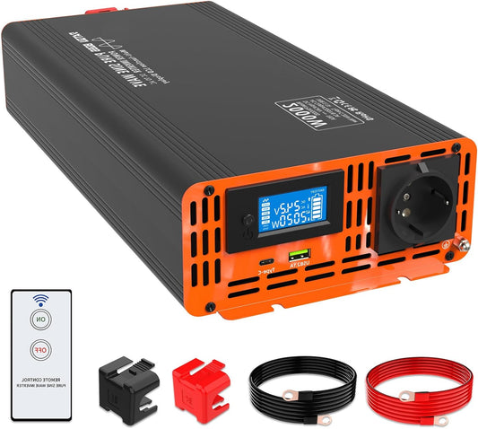 Omvormer 24V naar 230V – Spanningsomvormer – Stroomomzetter – Converter 24V DC – Power Inverter – 2000W Continu Vermogen – Zuivere Sinusgolf met LCD Display - QUORE