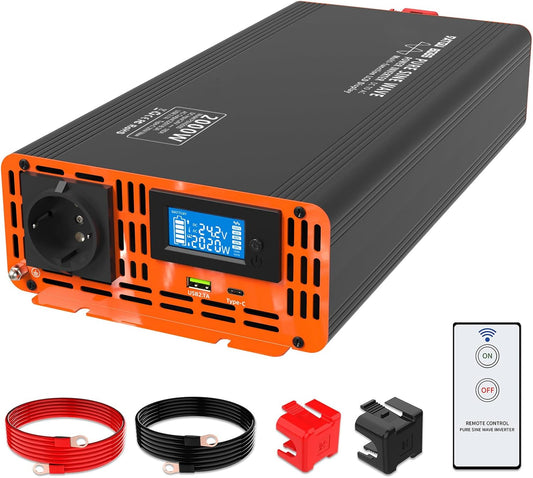 Omvormer 24V Naar 230V Zuivere Sinus – Spanningsomvormer – Sinusomvormer – Inverter – DC-AC Omvormer – 2000W Continu / 4000W Piek – LCD Scherm
