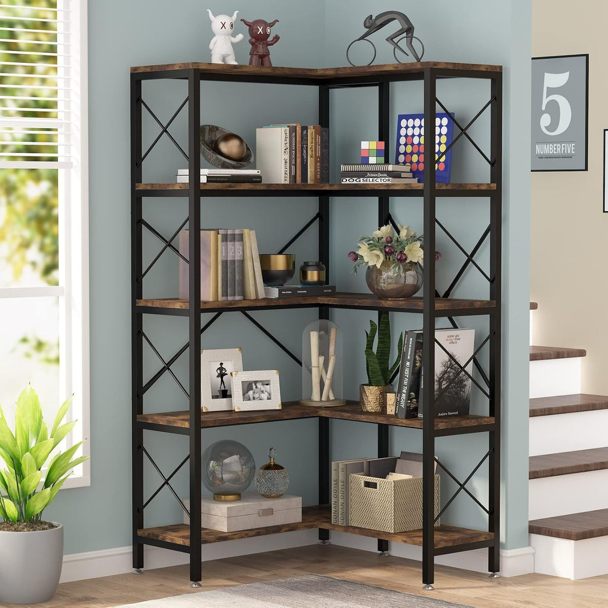 Tribesigns Corner Bookshelf, Large Modern Corner Bookcase, High Corner Shelf Storage Display Rack with Metal Frame for Living Room Home Office (Rustic Brown) (5 Shelves)