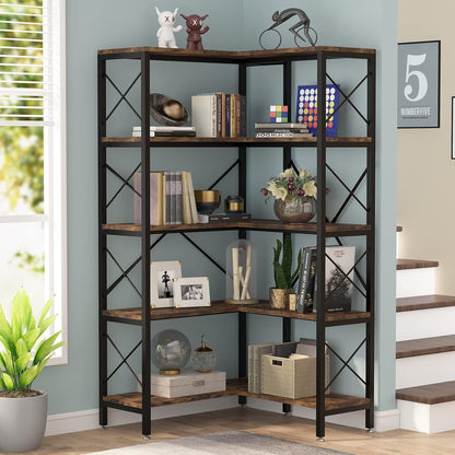 Tribesigns Corner Bookshelf, Large Modern Corner Bookcase, High Corner Shelf Storage Display Rack with Metal Frame for Living Room Home Office (Rustic Brown) (5 Shelves)