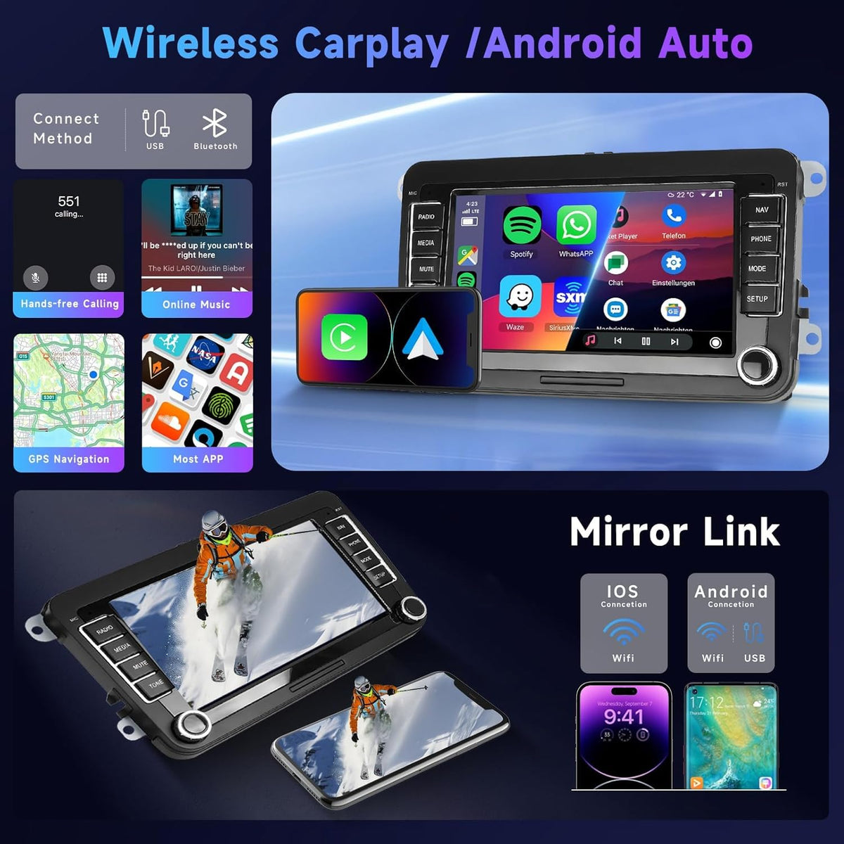 4G & 64G 7" autoradio Bluetooth voor VW Golf 5 6 Polo Passat Skoda Touran Seat Draadloos Carplay Android Auto, WiFi GPS Navi HiFi RDS/FM Radio 2 din met AHD achteruitrijcamera/DVR/Canbus
