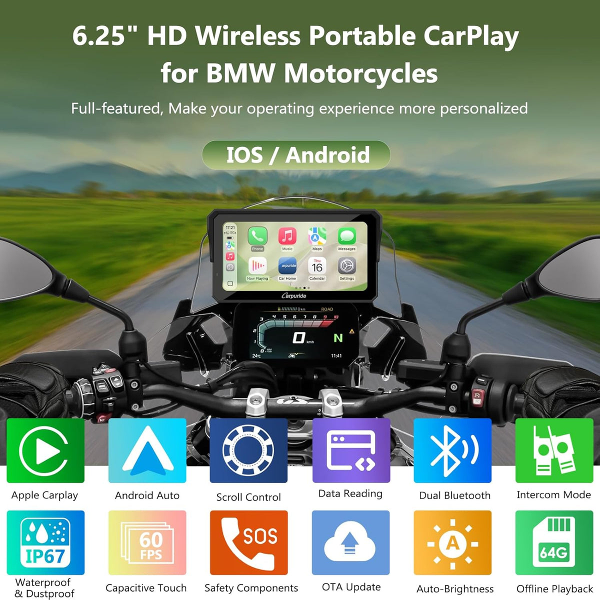 Motorfiets Scherm – Motorfiets Display – Motor GPS – Draadloos Dashboard – Touchscreen Navigatie – 7 Inch Waterdicht – Draadloze CarPlay & Android Auto