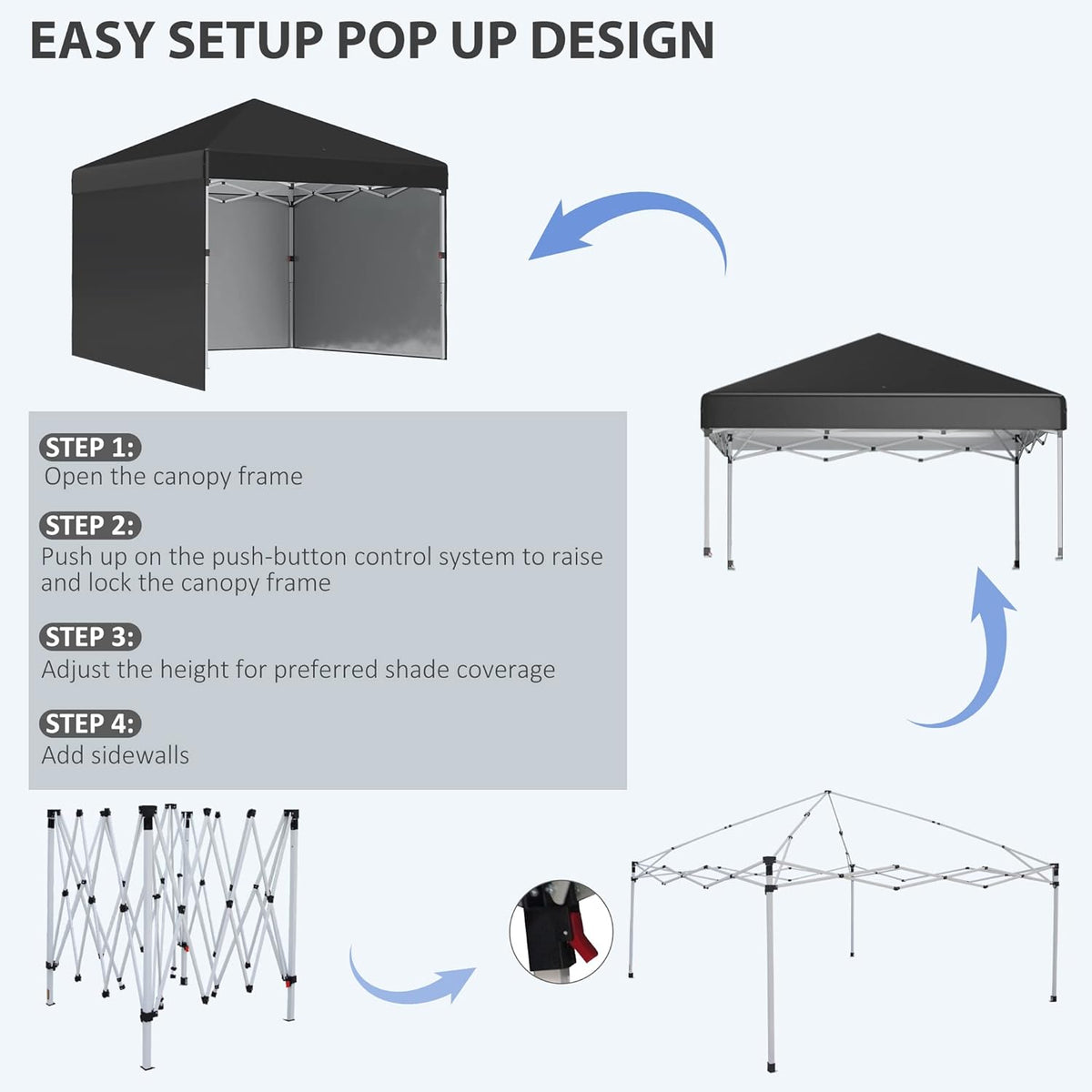 Outsunny 3 x 3 (M) pop-up paviljoen met 3 zijwanden, beengewichtzakken en tas op wielen, in hoogte verstelbare partytent, evenementenonderdak voor tuin, terras, zwart