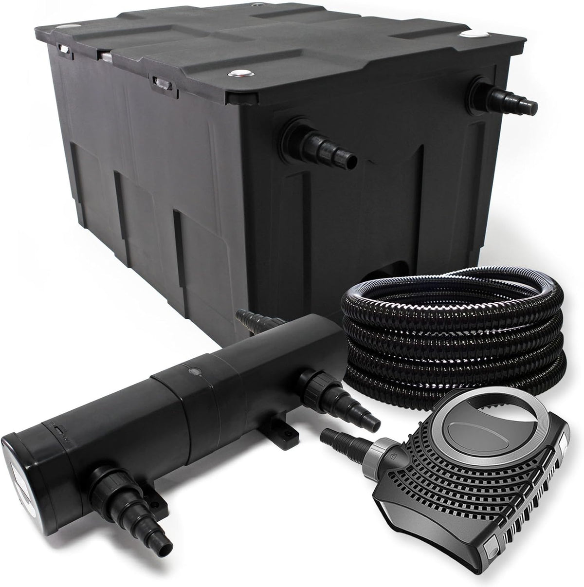 Vijverfilterset 60.000l, UVC-vijverzuiveraar 24W, pomp 80W, slang, skimmer en fonteinpomp