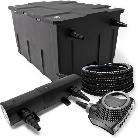 Vijverfilterset 60.000l, UVC-vijverzuiveraar 24W, pomp 80W, slang, skimmer en fonteinpomp
