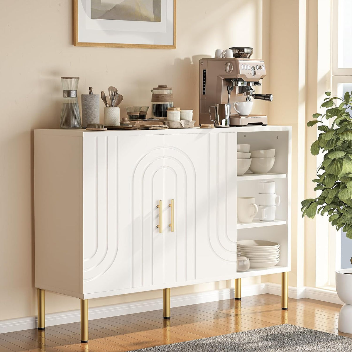 Buffetkast met gebogen texturen | Multifunctionele Sideboard - 2 deuren & 3 planken | Crème kleur 110x35x82 cm