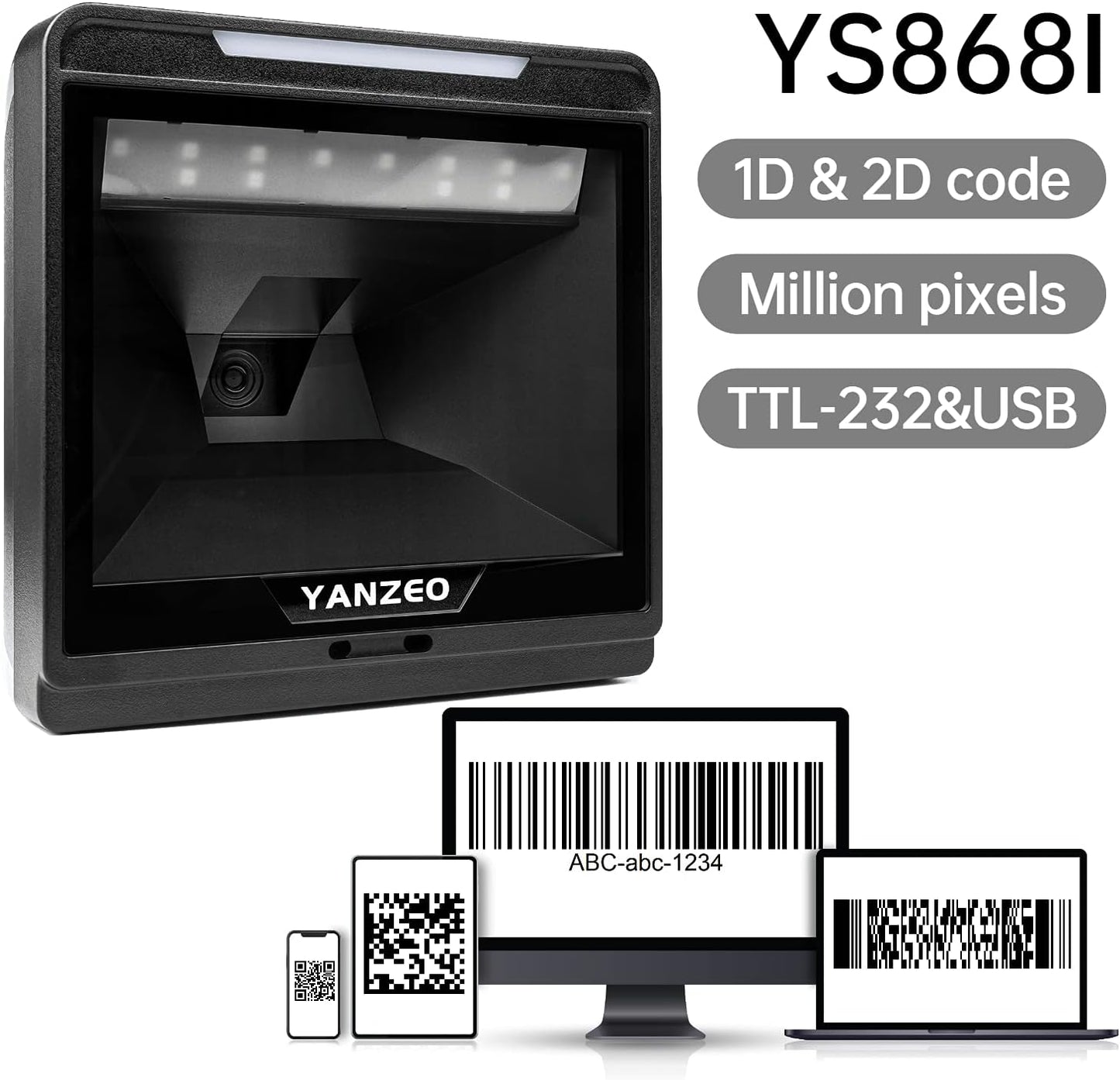 Yanzeo YS868 Laser Flatbed Desktop Omnidirectionele Barcodelezer Hoge Snelheid Automatische 1D Laser Barcode Scanner Afbeelding
