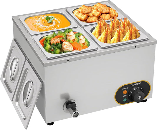 Elektrisch waterbad van roestvrij staal, voedselwarmer buffet, 4 x 1/6 met deksel, instelbare temperatuur 30 °C - 85 °C