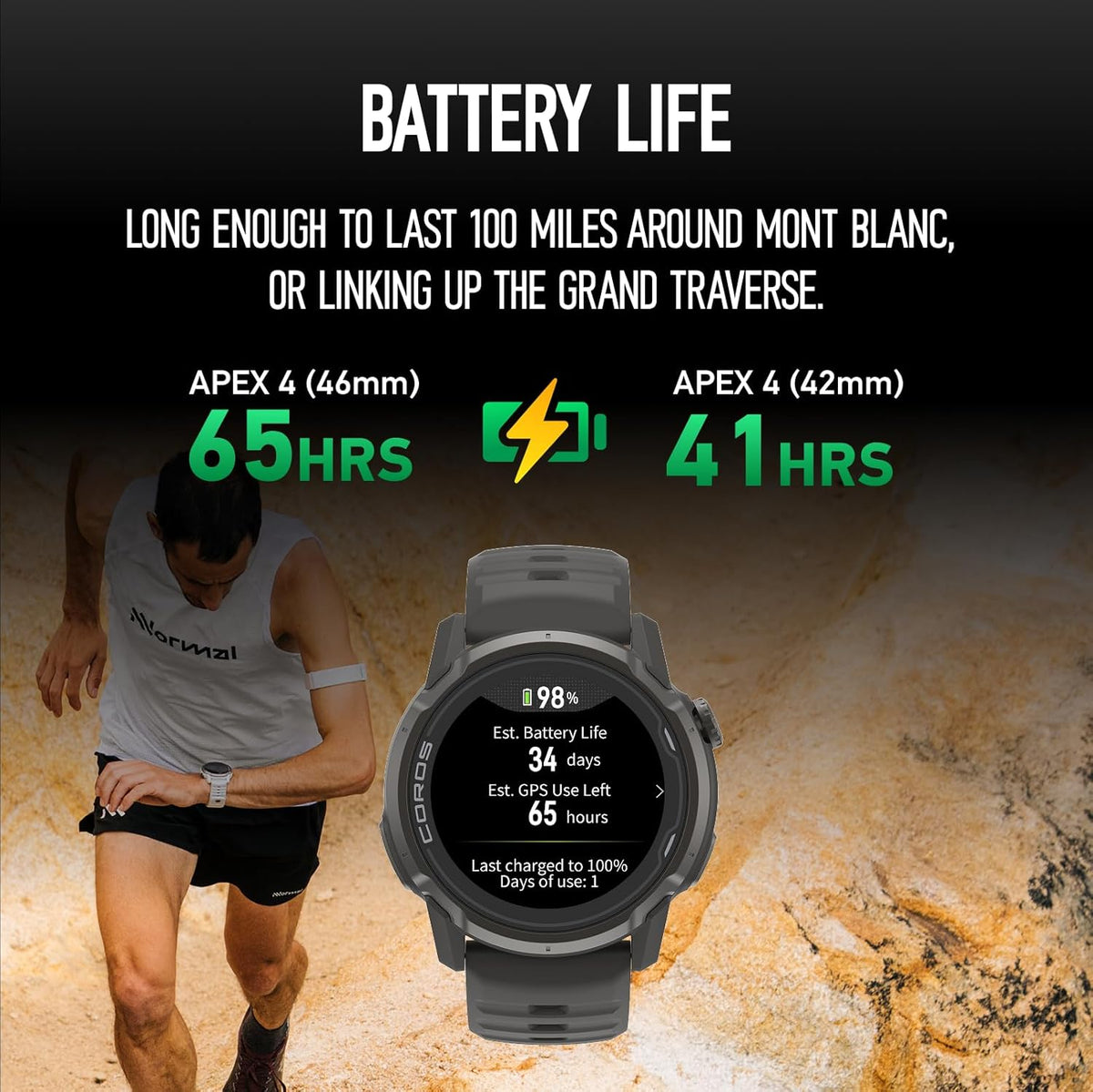 COROS APEX 4 (42 mm) GPS-horloge, 1,2-inch MIP-touchscreen, wereldwijde kaarten met stapsgewijze navigatie, batterijduur van 34 dagen, microfoon voor het opnemen van spraakmemo's, realtime weer, Zwart