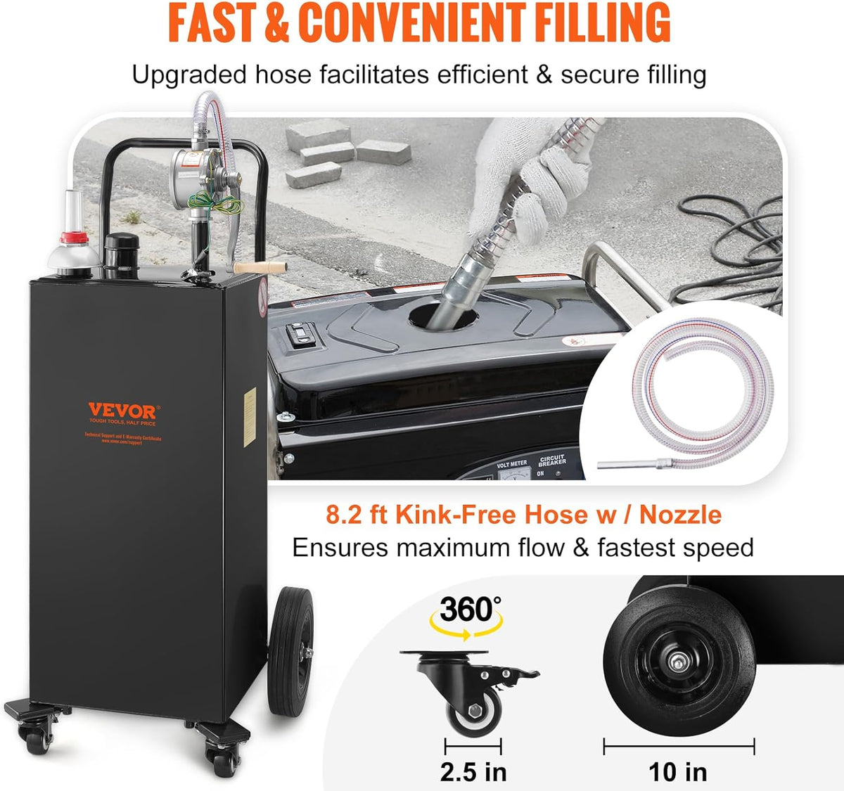 VEVOR Fuel Truck, 35 Gallon, 4 Wheels Petrol Storage Tank, Manual Transfer Pump Diesel Petrol Fuel Tank for Cars, Lawnmowers, Mountain Bikes, Boats, Black