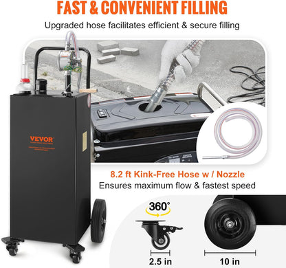 VEVOR Fuel Truck, 35 Gallon, 4 Wheels Petrol Storage Tank, Manual Transfer Pump Diesel Petrol Fuel Tank for Cars, Lawnmowers, Mountain Bikes, Boats, Black