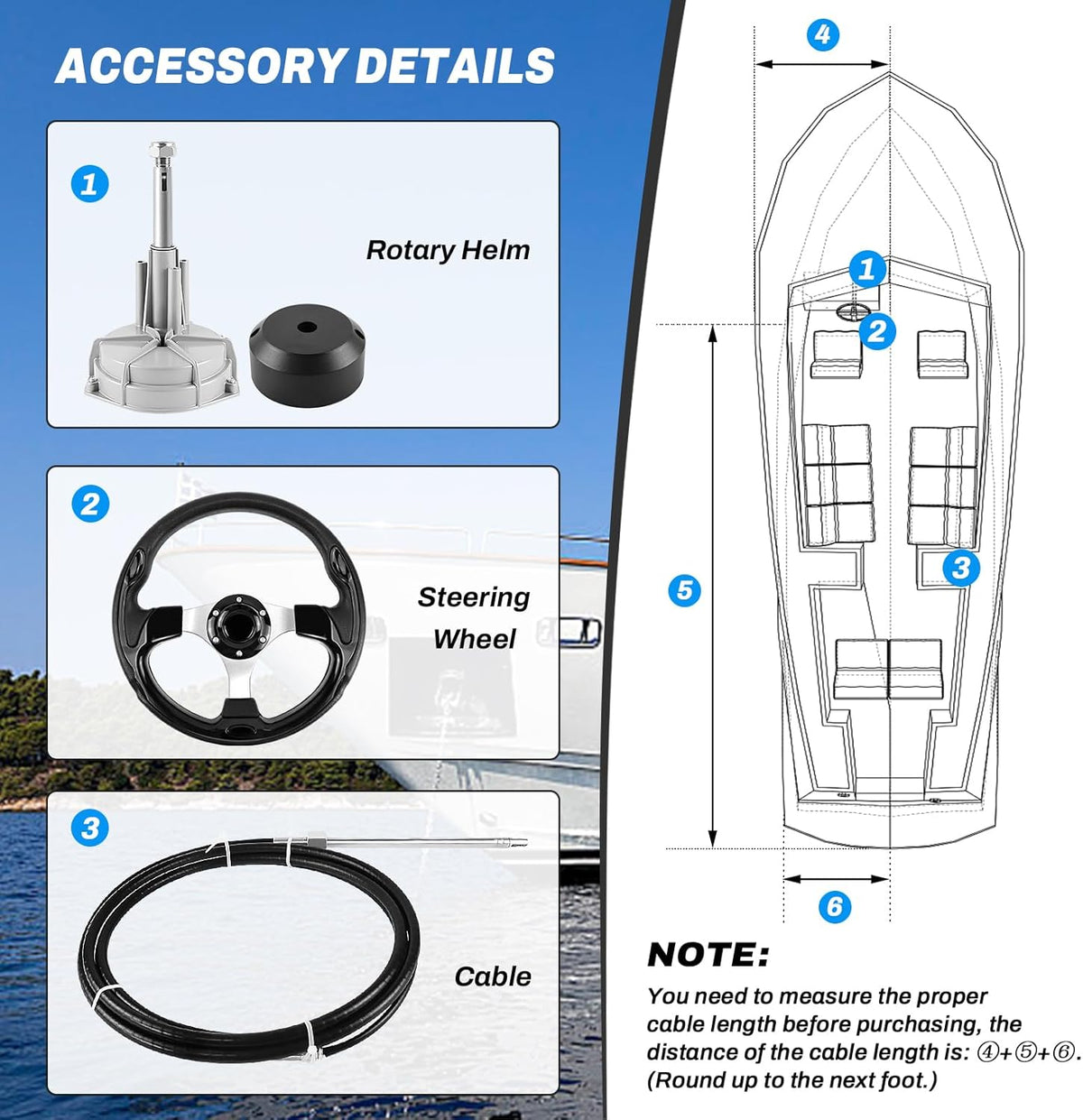 Bootstuursysteem, mechanische roterende stuurkit, 396,24 cm kabelbesturingskabel, buitenboord, marine-stuursystemen voor vissersboten, jachten en andere vaartuigen - met stuurwiel