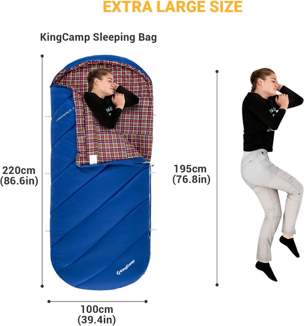 KingCamp Slaapzak XL 3-4 Seizoenen Katoen Flanel 220 x 100 cm Extra Groot voor Volwassenen Extreem -8 °C Compact Draagbaar Comfortabel Professioneel Warm voor Kamperen Wandelen Buiten Binnen