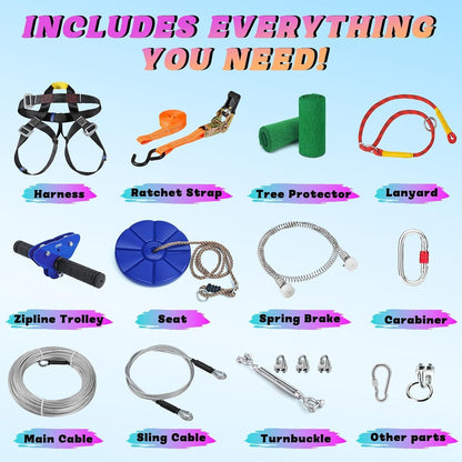 CTSC Touwset tuinspeelgoed voor gezinnen, kabel voor kinderen, outdoor, 25 m, met veerrem, roestvrij staal, trolleyriem, veiligheidsgordel, plezier, kleurrijk