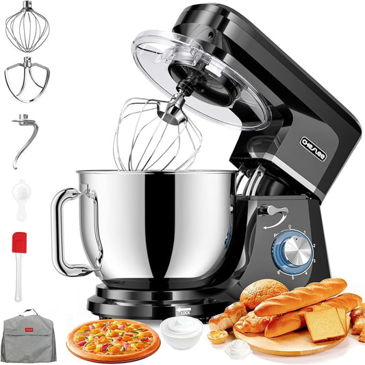 CHeflee Professionele planetaire mixer 6+P Speed Elektrische Mixer Multifunctionele Elektrische Keukenmachine met 6 Accessoires voor Deeg, Crème, Cake, Pizza (zwart)