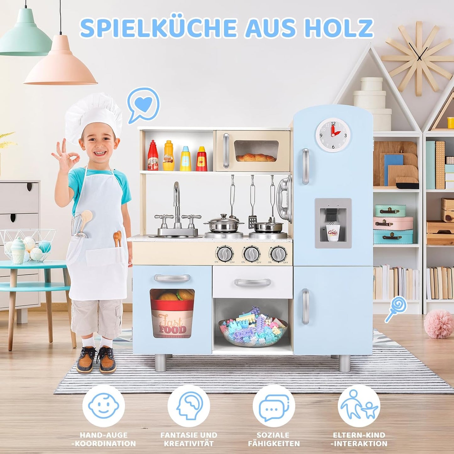 Speelkeuken - Speelgoedkeuken - Keukenset - met Casten - RVS Pot - Keukengerei - voor 3-6 jaar - Peuters - Solide Structuur - Oneindige Verbeelding - Educatieve Waarde - Leuke Interactie - Hout - 74 x 29 x 81.5 cm - Blauw