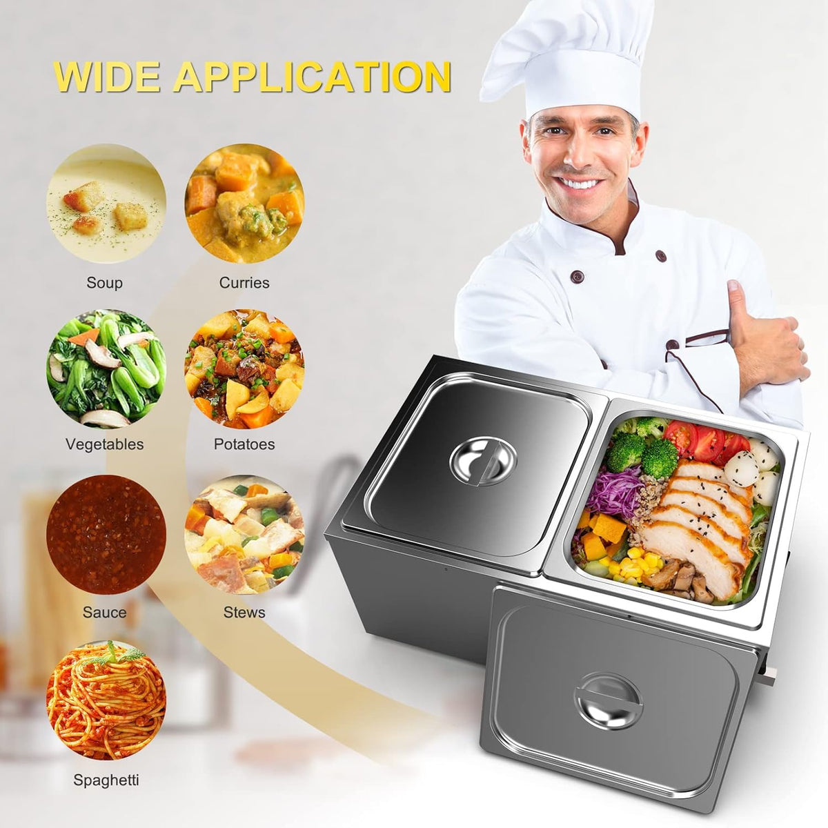 Valgus Bain Marie Roestvrijstalen voedselverwarmer, 2 secties, 20 liter, buffet, professionele roestvrijstalen stoomtafel met deksel en kraan, voor thuis en restaurants