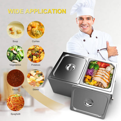 Valgus Bain Marie Roestvrijstalen voedselverwarmer, 2 secties, 20 liter, buffet, professionele roestvrijstalen stoomtafel met deksel en kraan, voor thuis en restaurants