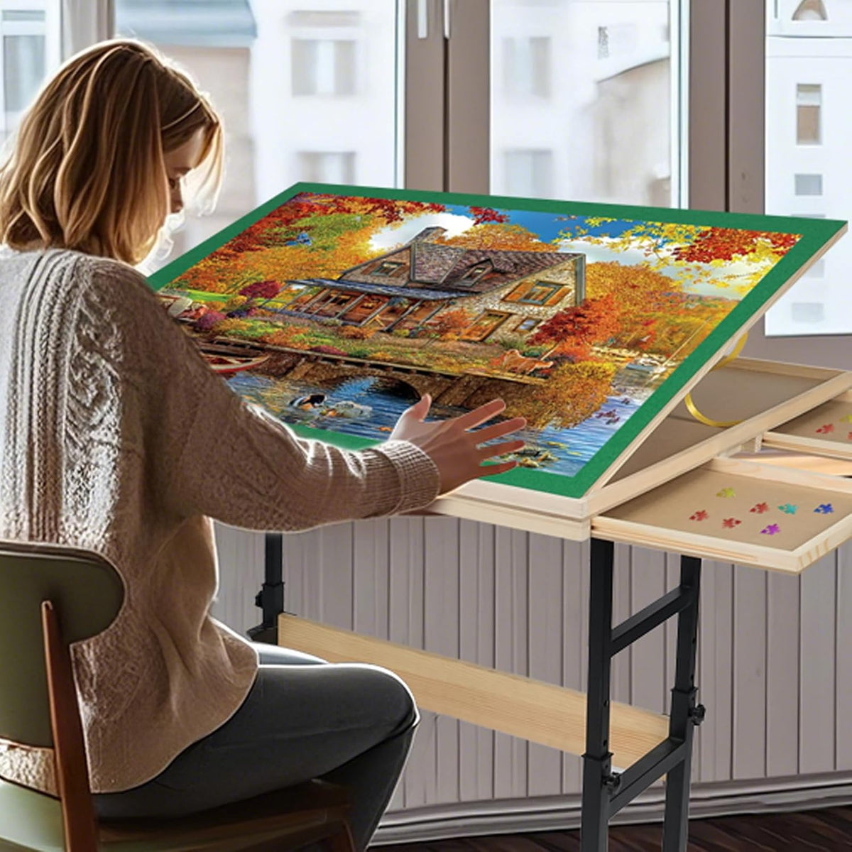Wooden puzzle table with legs for 1500 pieces, 89 x 69 cm, height adjustable, 45 degree inclination, 4 drawers with lid, ideal gift for adults - QUORE